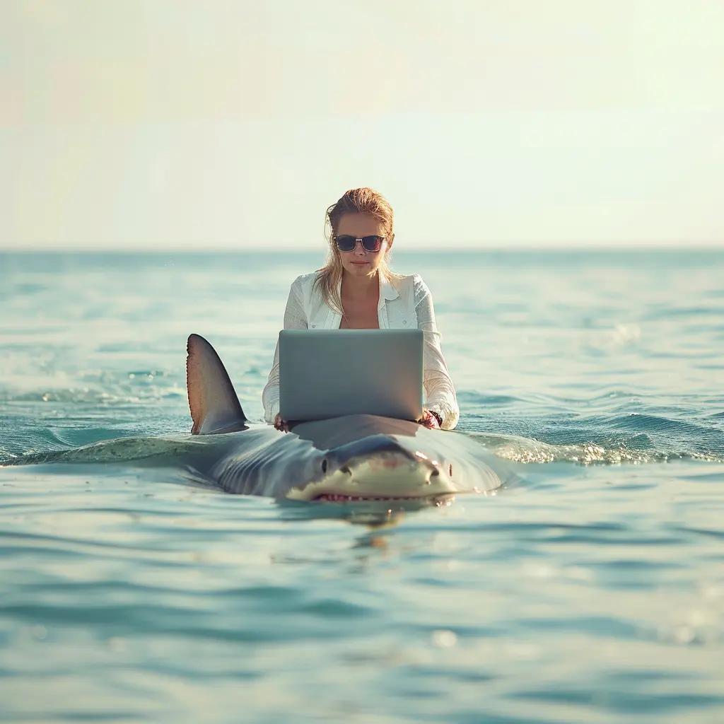 Girl codding on a shark