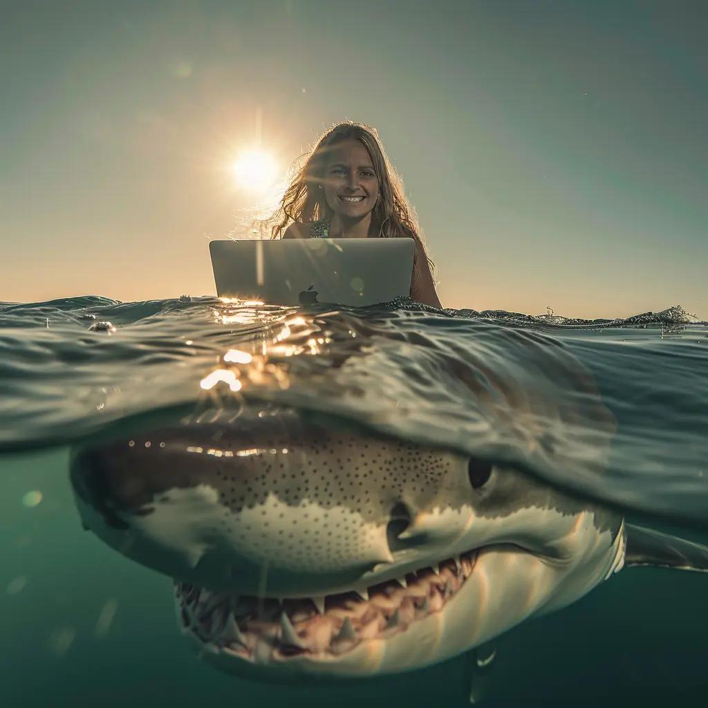 Girl codding on a shark