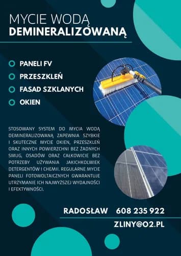 Mycie wodą demineralizowaną paneli fotowoltaicznych, przeszkleń, okien